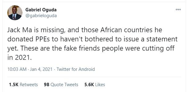 Gabriel oguda gabrieloguda jack ma is missing and those african countries he don