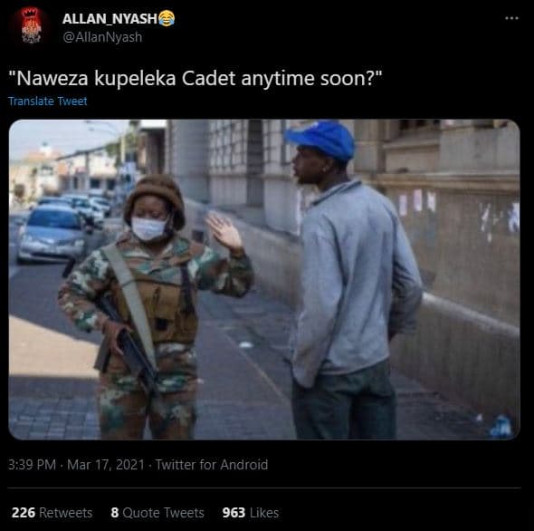 Allan_nyash allannyash 'naweza kupeleka cadet anytime soon? translate tweet 3.39