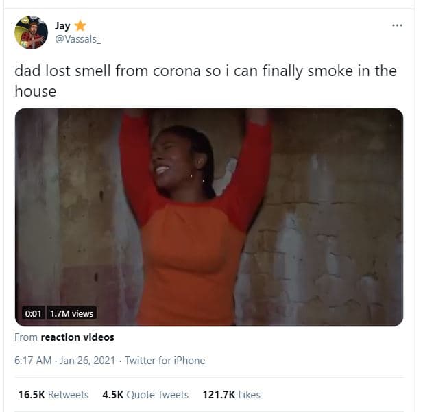 Jay vassals dad lost smell from corona so can finally smoke in the house 0.01 1.