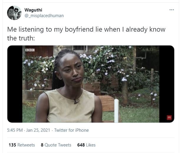 Waguthi misplacedhuman me listening to my boyfriend lie when already know the tr