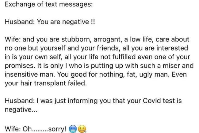Exchange of text messages husband you are negative !! wife and you are stubborn