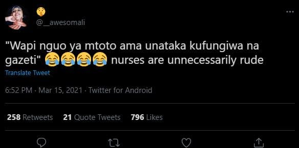 Awesomali 'wapi nguo ya mtoto ama unataka kufungiwa na gazeti' nurses are unnece