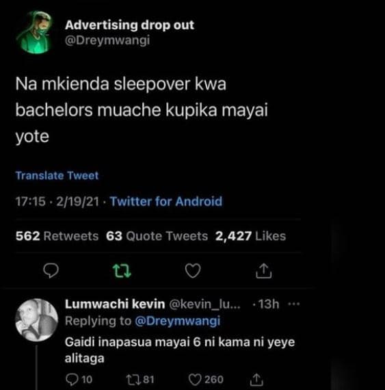 Advertising drop out dreymwangi na mkienda sleepover kwa bachelors muache kupika