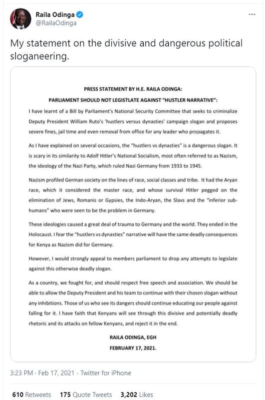 Raila odinga railaodinga my statement on the divisive and dangerous political sl