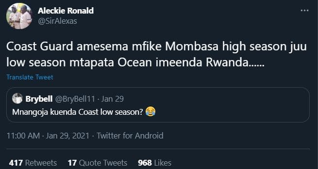 Aleckie ronald siralexas coast guard amesema mfike mombasa high season juu low s
