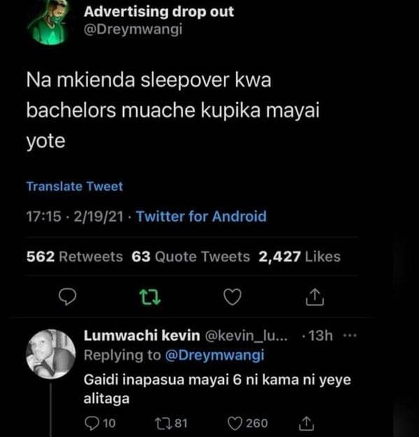 Advertising drop out dreymwangi na mkienda sleepover kwa bachelors muache kupika