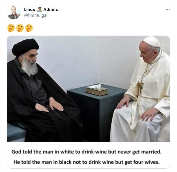 Linux admin. hmmuigai god told the man in white to drink wine but never get marr