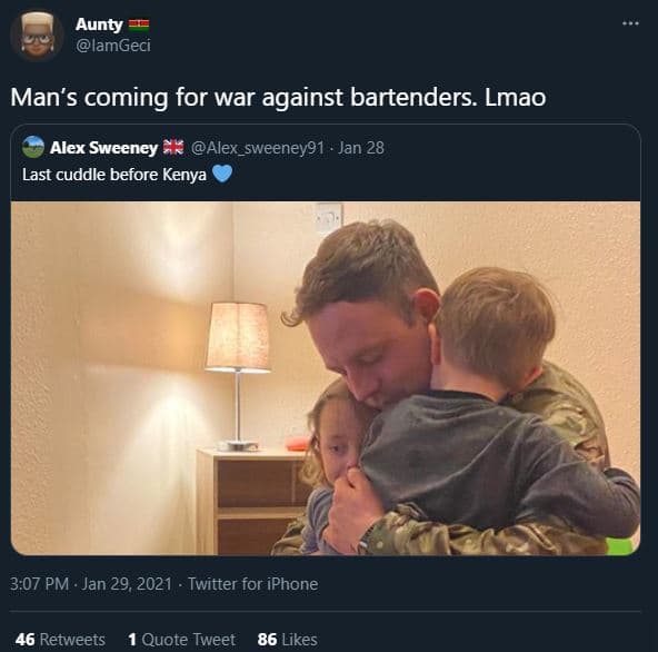 Aunty lamgeci man's coming for war against bartenders. lmao alex sweeney alex_sw