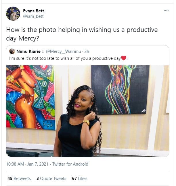 Evans bett iam bett how is the photo helping in wishing us a productive day merc