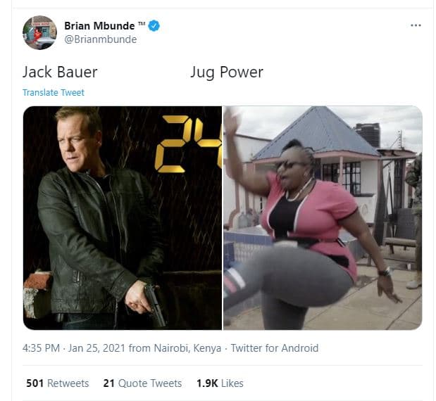 Brian mbunde brianmbunde jack bauer translate tweet jug power 4.35 pm . jan 25,