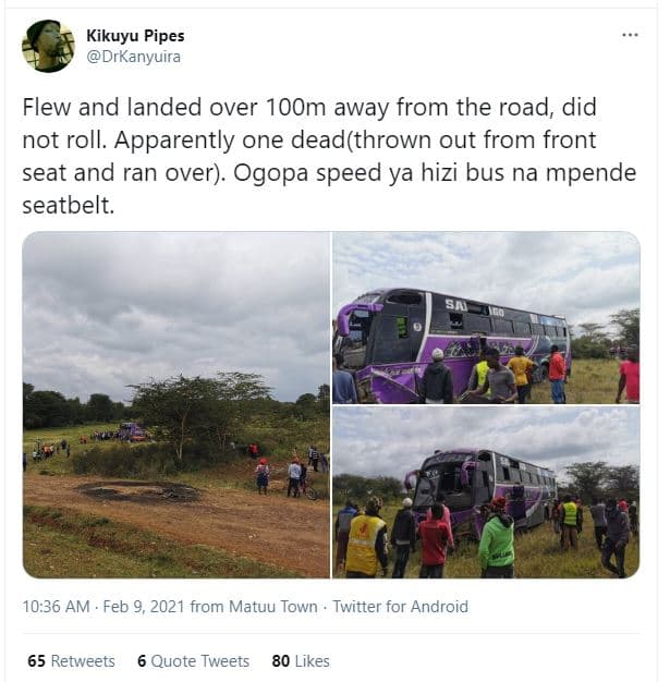 Kikuyu pipes drkanyuira flew and landed over 1oom away from the road, did not ro