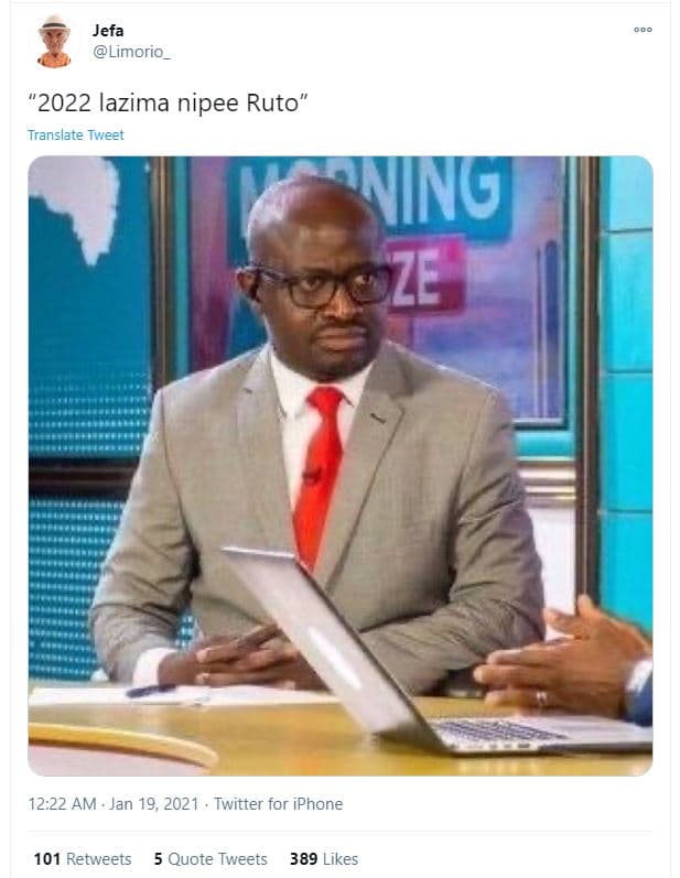 Jefa limorio_ ' lazima nipee ruto translate tweet awing ze 12.22 am jan 19, twit