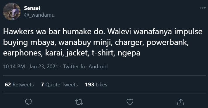 Sensei wandamu hawkers wa bar humake do. walevi wanafanya impulse buying mbaya w