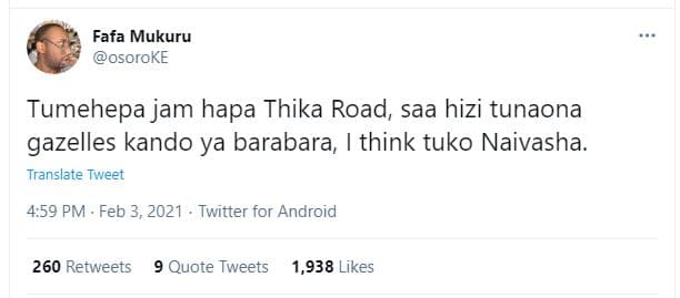Fafa mukuru osoroke tumehepa jam hapa thika road, saa hizi tunaona gazelles kand