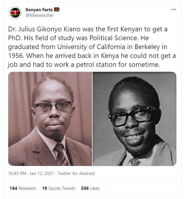 Kenyan facts kresearcher dr. julius gikonyo kiano was the first kenyan to get a