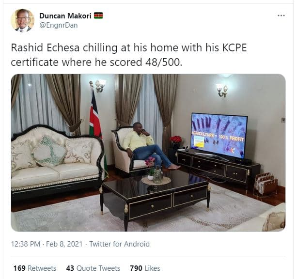 Duncan makori engnrdan rashid echesa chilling at his home with his kcpe certific