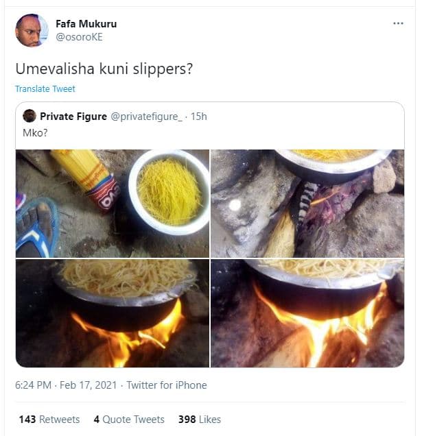 Fafa mukuru osoroke umevalisha kuni slippers? translate tweet private figure pri