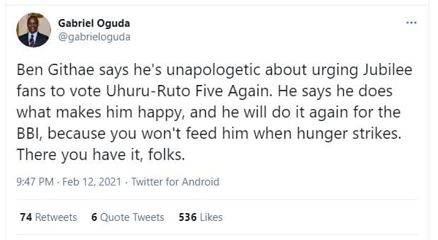 Gabriel oguda gabrieloguda ben githae says he's unapologetic about urging jubile