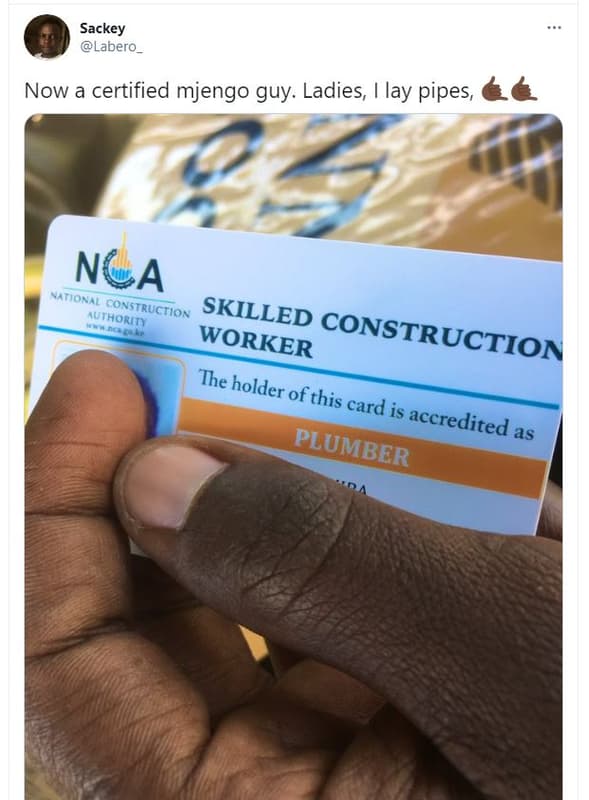 Sackey labero now a certified mjengo guy. ladies, lay pipes, nca ationai auihoki