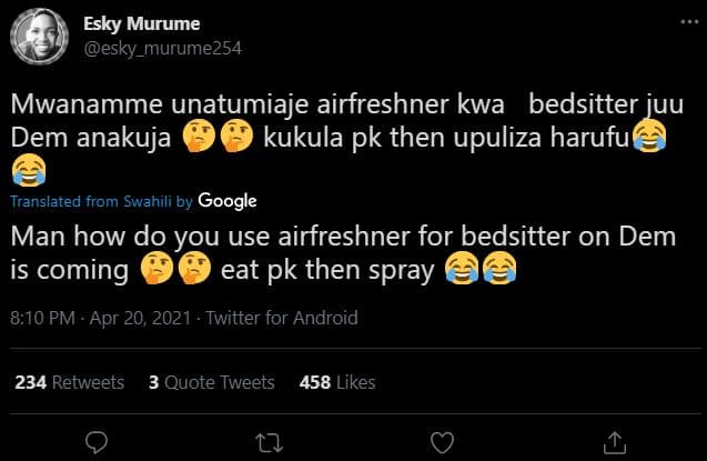 Esky murume esky_murume254 mwanamme unatumiaje airfreshner kwa bedsitter juu dem