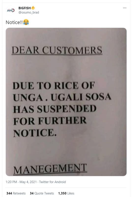 Bigfish osumo_brad noticel! dear customers due to rice of unga ugali sosa has su