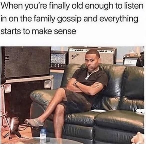 When you're finally old enough to listen in on the family gossip and everything