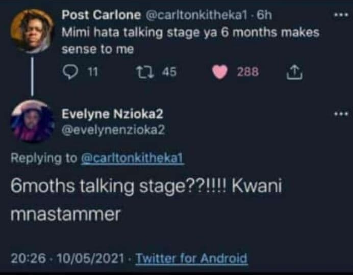 Post carlone carltonkithekal 6h mími hata talking stage ya 6 months makes sense