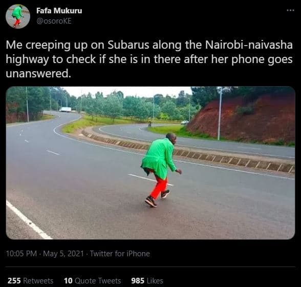 Fafa mukuru osoroke me creeping up on subarus along the nairobinaivasha highway