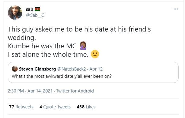 Sab sab this guy asked me to be his date at his friend's wedding. kumbe he was t