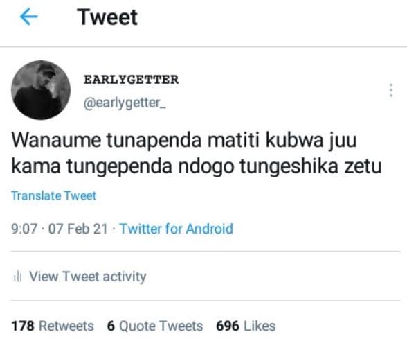 Tweet earlygetter earlygetter _ wanaume tunapenda matiti kubwa juu kama tungepen