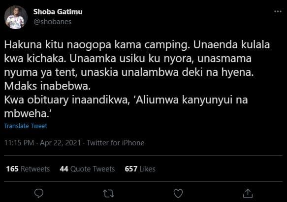 Shoba gatimu shobanes hakuna kitu naogopa kama camping unaenda kulala kwa kichak