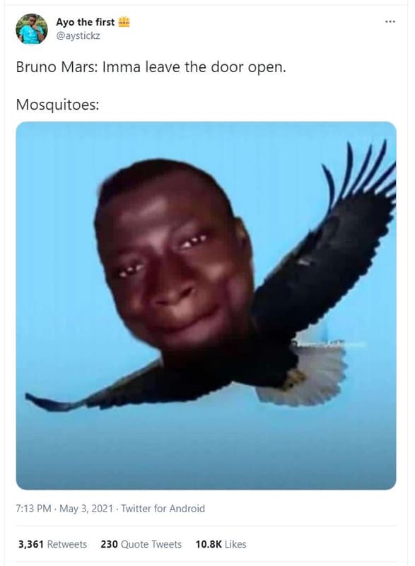 Ayo the first aystickz bruno mars imma leave the door open. mosquitoes 7.13 pm .