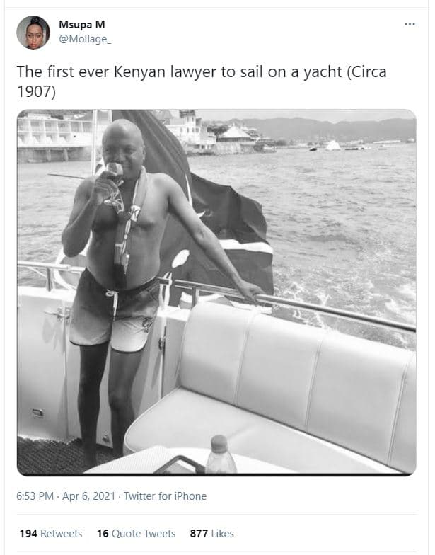 Msupa m mollage the first ever kenyan lawyer to sail on a yacht circa 6.53 pm .