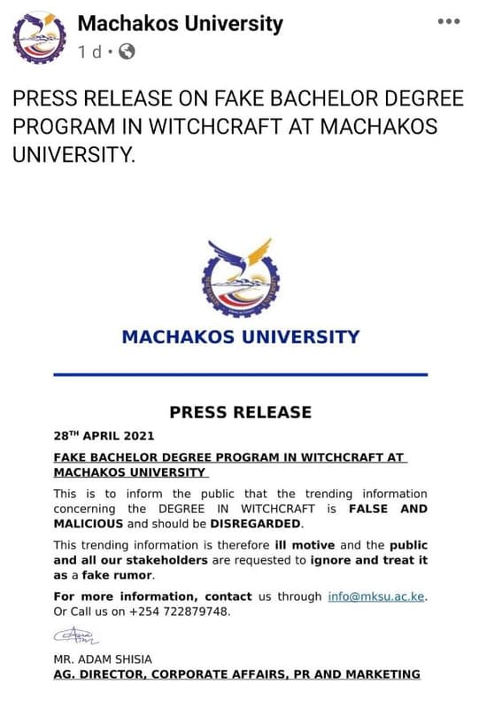 Machakos university 1 d . press release on fake bachelor degree program in witch