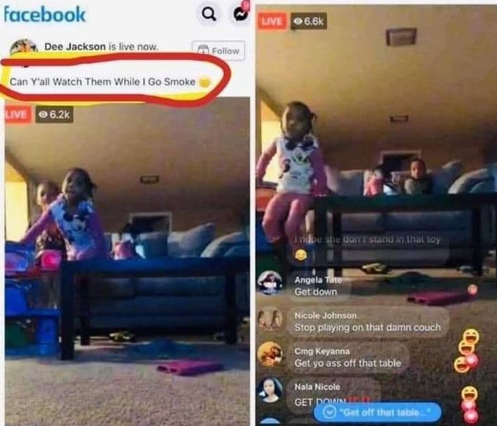 Facebook dee jackson is ilve now uve 06 6k follow can y'all watch them while go