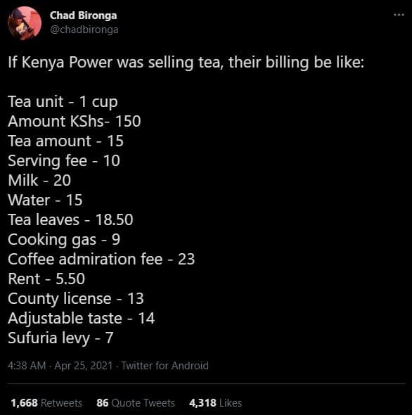 Chad bironga chadbironga if kenya power was selling tea their billing be like te