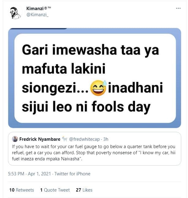 Kimanzi kimanzi _ gari imewasha taa ya mafuta lakini siongezi . inadhani sijui l