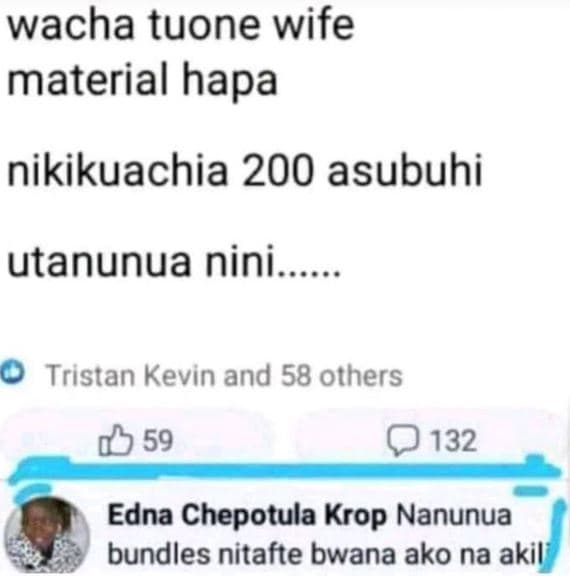 Wacha tuone wife material hapa nikikuachia 200 asubuhi utanunua nini o tristan k