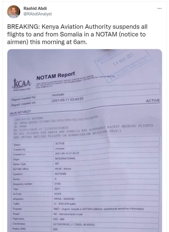 Rashid abdi rabdianalyst breaking kenya aviation authority suspends all flights