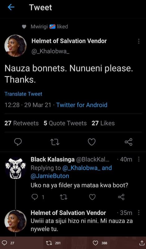 Tweet mwirigi liked helmet of salvation vendor _khalobwa nauza bonnets. nunueni