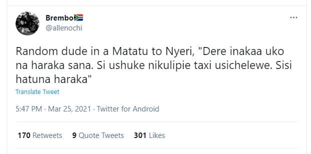 Brembo allenochi random dude in a matatu to nyeri, dere inakaa uko na haraka san