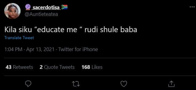 Sacerdotisa auntieteatea kila siku educate me rudi shule baba translate tweet 1.