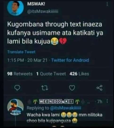 Mswaki itsmswakth kugombana through text inaeza kufanya usimame ata katikati ya
