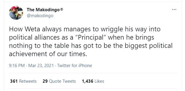 The makodingo makodingo how weta always manages to wriggle his way into politica