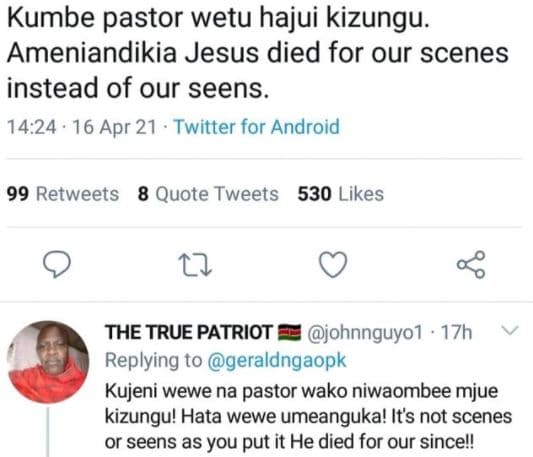 Kumbe pastor wetu hajui kizungu. ameniandikia jesus died for our scenes instead