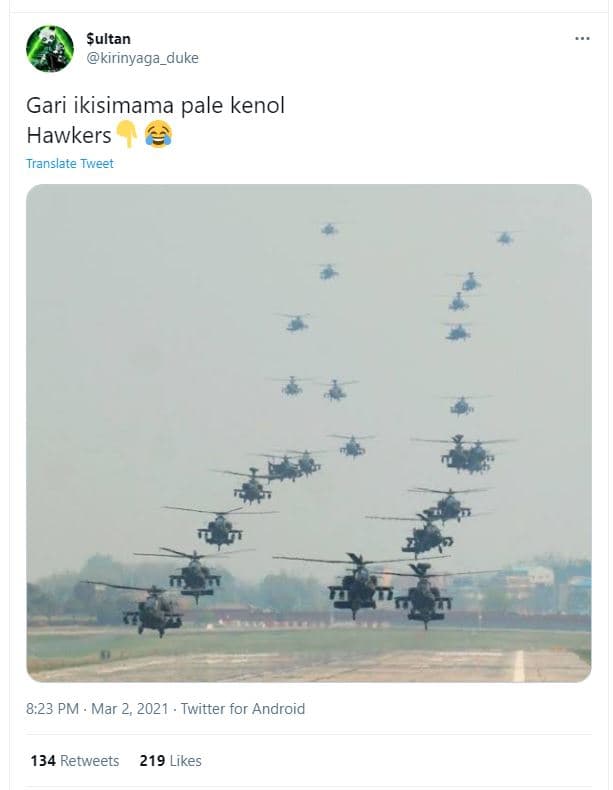 Sultan kirinyaga_duke gari ikisimama pale kenol hawkers translate tweet 8.23 pm