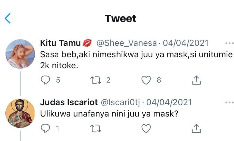 Tweet kitu tamu shee_vanesa 0404 sasa beb,aki nimeshikwa juu ya mask si unitumie