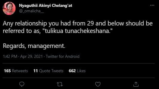 Nyaguthii akinyi chelang'at _omalicha_ any relationship you had from 29 and belo