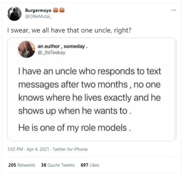 Burgermoyo olliemutai _ swear, we all have that one uncle right? an author somed