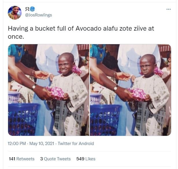 Josrowlings having a bucket full of avocado alafu zote ziive at once. 12.00 pm .